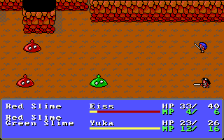 Eiss and Yuka fight slimes in a cave.